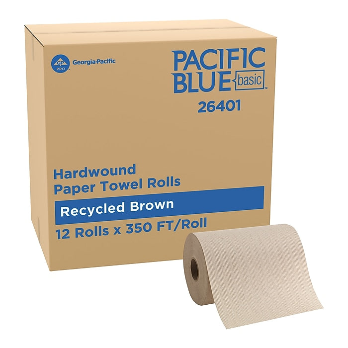 Pacific Blue Basic Recycled Hardwound Paper Towels, 1-Ply, 350 ft./Roll, 12 Rolls/Carton