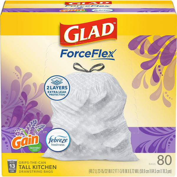 Glad ForceFlex Tall 13 Gallon Drawstring Kitchen Trash Bag, Gain Lavender with Febreze Freshness, White, 80 Total Bags
