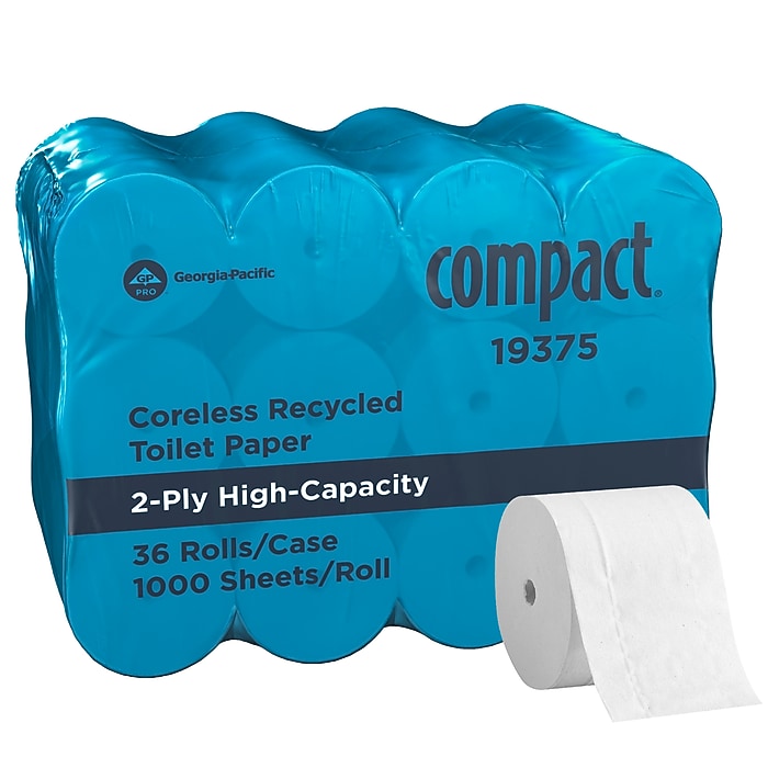 Compact Recycled Coreless Toilet Paper, 2-Ply, White, 1000 Sheets/Roll, 36 Rolls/Carton