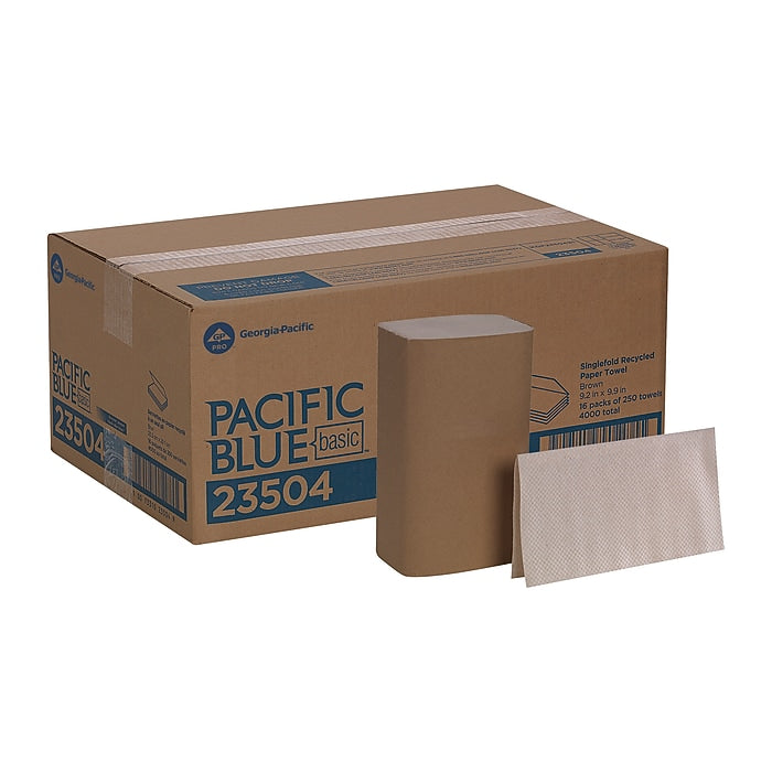 Pacific Blue Basic Recycled Single Fold Paper Towels, 1-ply, Brown, 250 Sheets/Pack, 16 Packs/Carton