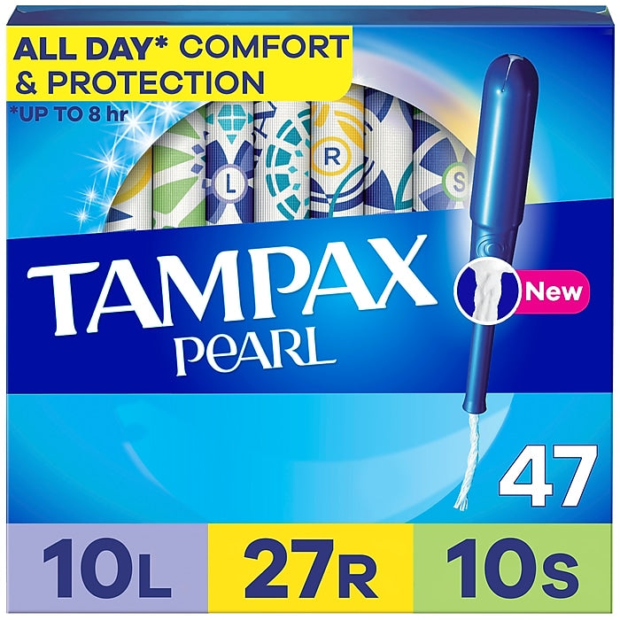 Tampax Pearl Tampons Multipack with LeakGuard Braid, Light/Regular/Super, 47 Ct.