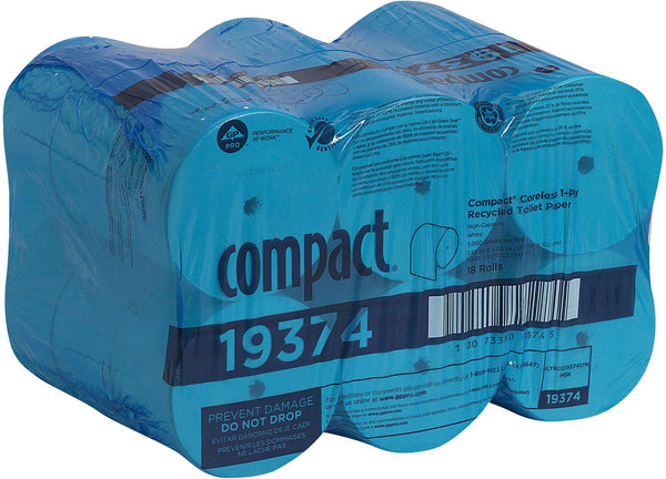 Compact Recycled Coreless Toilet Paper, 1-Ply, White, 3000 Sheets/Roll, 18 Rolls/Carton