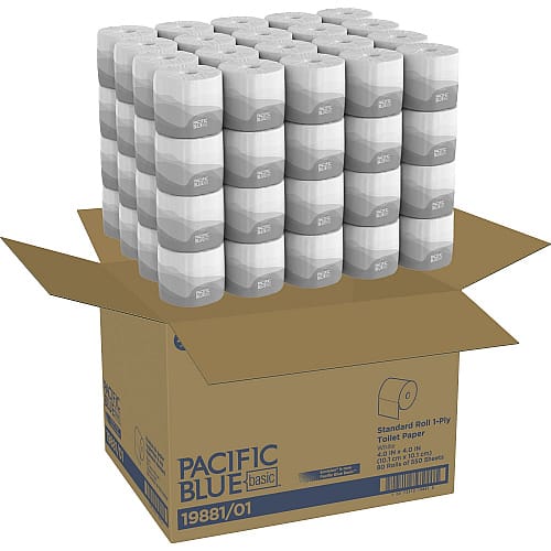 Pacific Blue Basic 1 Ply Inner Wrapped Embossed Toilet Paper by GP PRO White 550 Sheets Roll 80 Rolls Case 19881 (19881/01)
