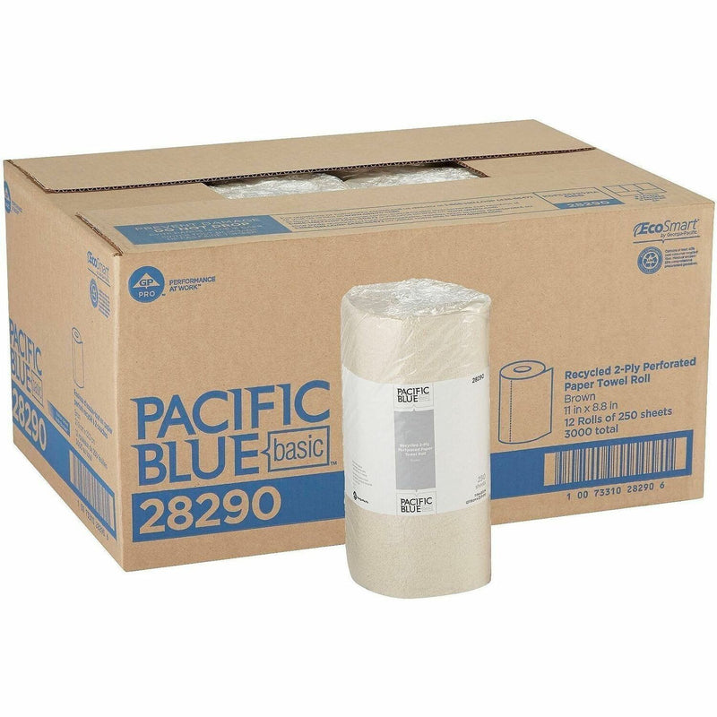 Pacific Blue Basic Recycled Paper Towels 2 Ply 250 Sheets Roll 12 Rolls Carton (28290)