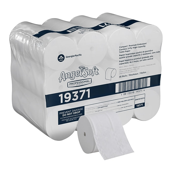 Angel Soft Professional Series Compact Recycled Coreless Toilet Paper, 2-Ply, White, 750 Sheets/Roll, 36 Rolls/Carton