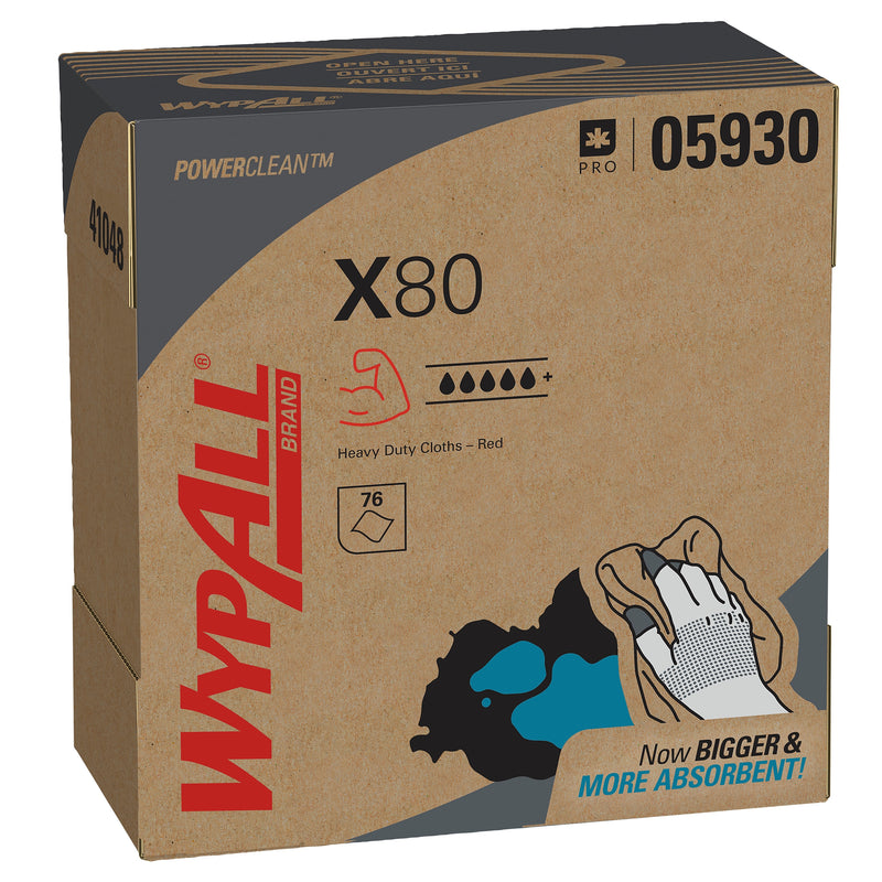 WypAll PowerClean X80 Cleaning Wipers, 9.1" x 16.8", Red, 76 Sheets/Box, 5 Boxes/Carton