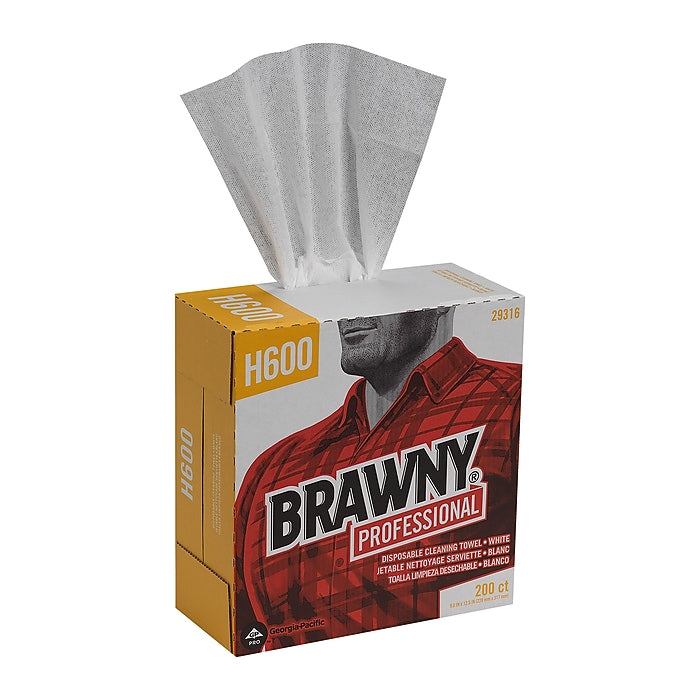 Brawny Professional H600 Synthetic Fiber Cleaning Wipers, 12.5" x 9.1", White, 200 Wipers/Box, 10/Carton