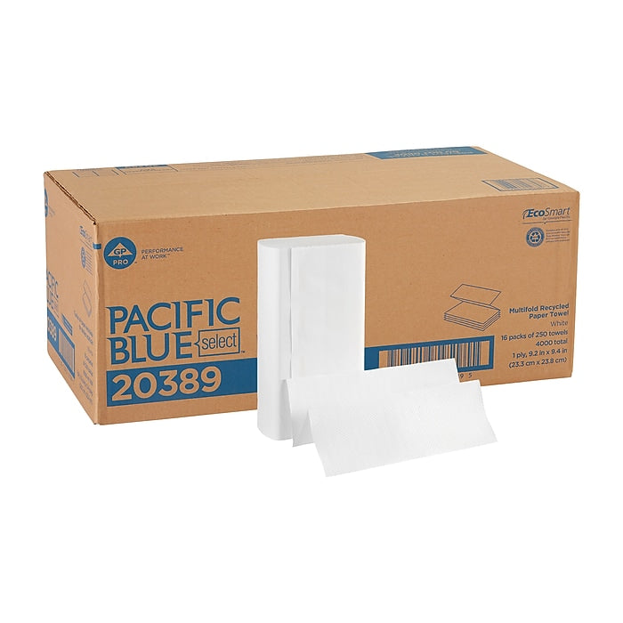 Pacific Blue Select Recycled Multifold Paper Towels, 1-ply, 250 Sheets/Pack, 16 Packs/Carton