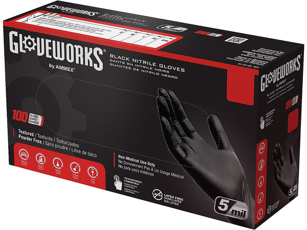 GloveWorks GPNB Nitrile Industrial Grade Gloves, Black, 100/Box