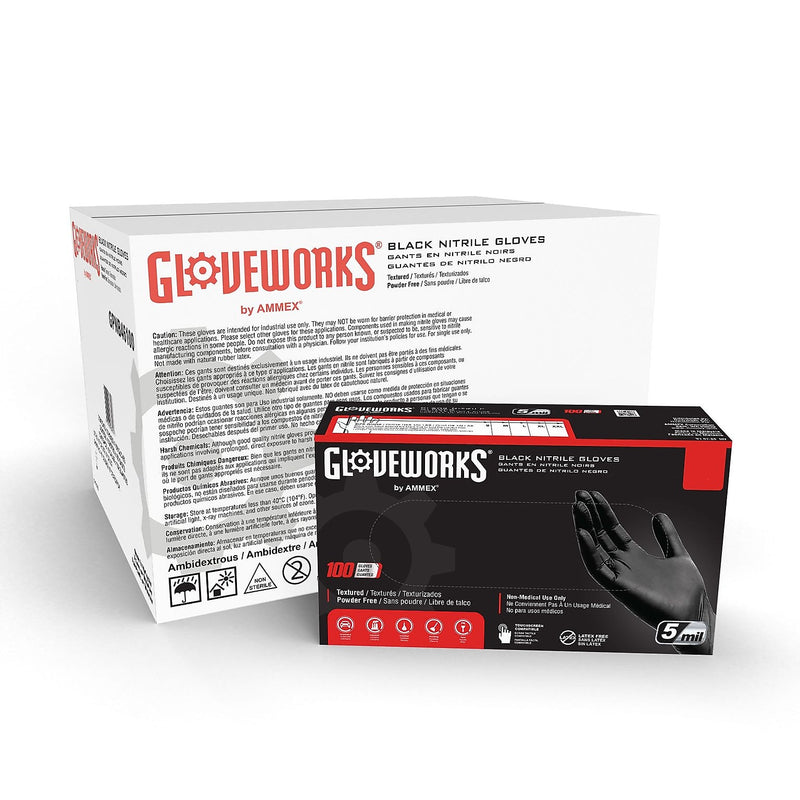 GloveWorks GPNB Nitrile Industrial Grade Gloves, Black, 100/Box, 10 Boxes/Carton