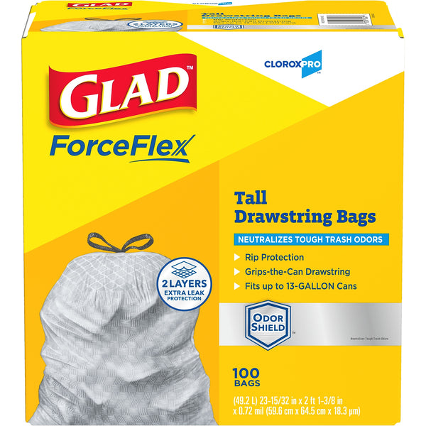 Glad ForceFlex Tall 13 Gallon Drawstring Kitchen Trash Bag, Grey, 100 Total Bags