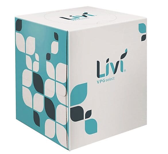 Livi VPG Facial Tissues, 2 Ply, White, Virgin Fiber, Embossed, Absorbent, For Business, Restaurant, Hotel, 90 Sheets, 36/Carton
