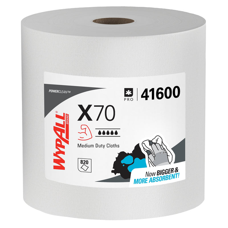 WypAll PowerClean X70 Fabric Cleaning Wipers, 12.4" x 13.4", White, 820 Sheets/Roll