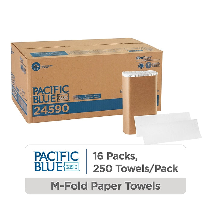 Pacific Blue Basic Recycled Multifold Paper Towel, 1-Ply, 250 Sheets/Pack, 16 Packs/Carton, White