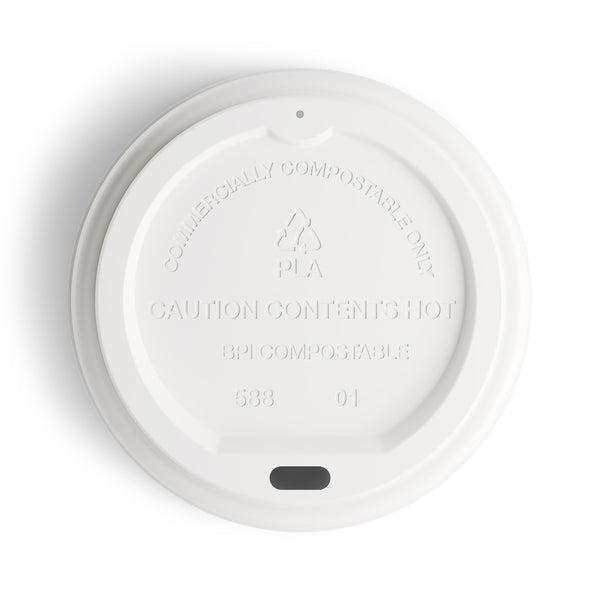 Perk Compostable Plastic Hot Cup Lid, Fits 10, 12 & 16 oz. Cups, White, 50/Pack