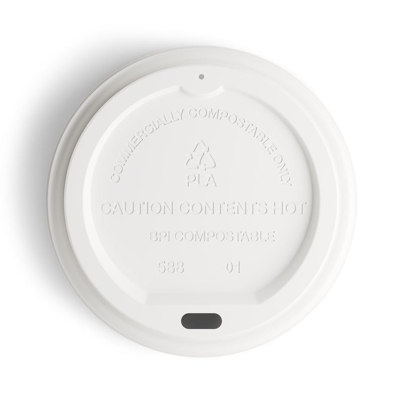Perk Compostable Plastic Hot Cup Lid, Fits 10, 12 & 16 oz. Cups, White, 50/Pack