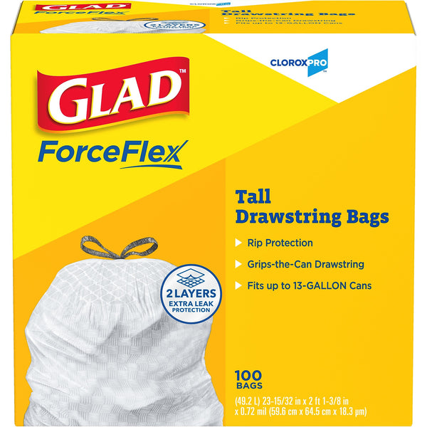 Glad ForceFlex Tall 13 Gallon Drawstring Kitchen Trash Bag, White, 100 Total Bags
