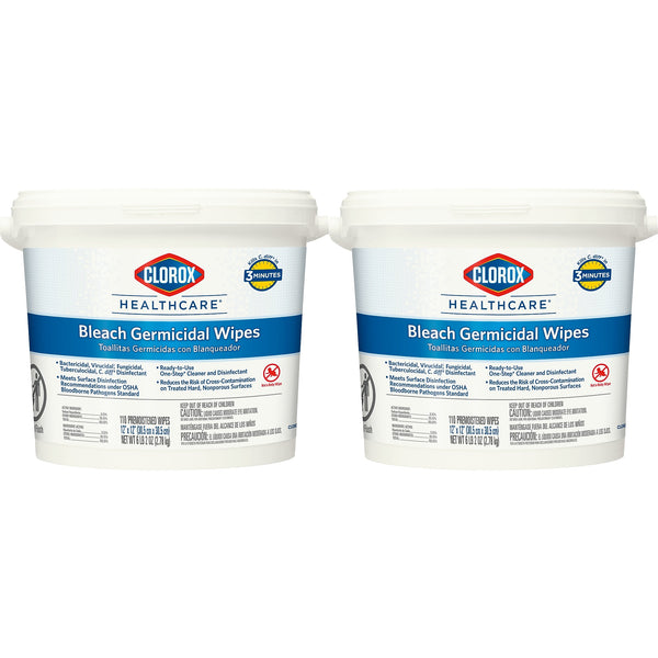 Clorox Healthcare Bleach Germicidal Wipes Bucket, 110 Wipes/Container, 2/Carton