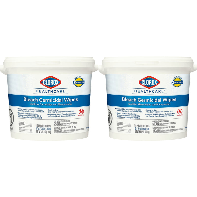 Clorox Healthcare Bleach Germicidal Wipes Bucket, 110 Wipes/Container, 2/Carton
