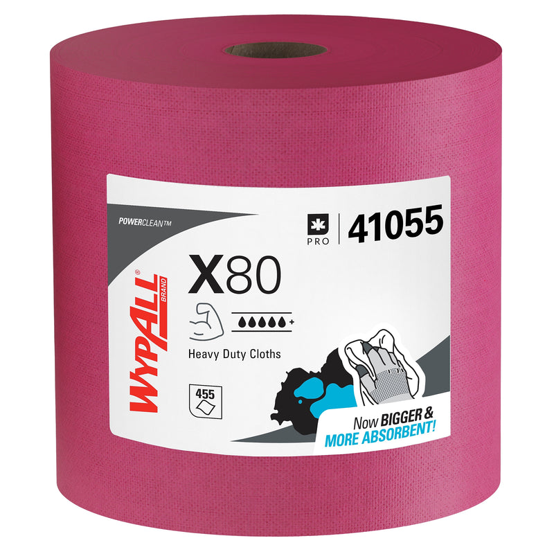 WypAll PowerClean X80 Cloth Cleaning Wipers, 12.4" x 13.4", Red, 455 Sheets/Roll
