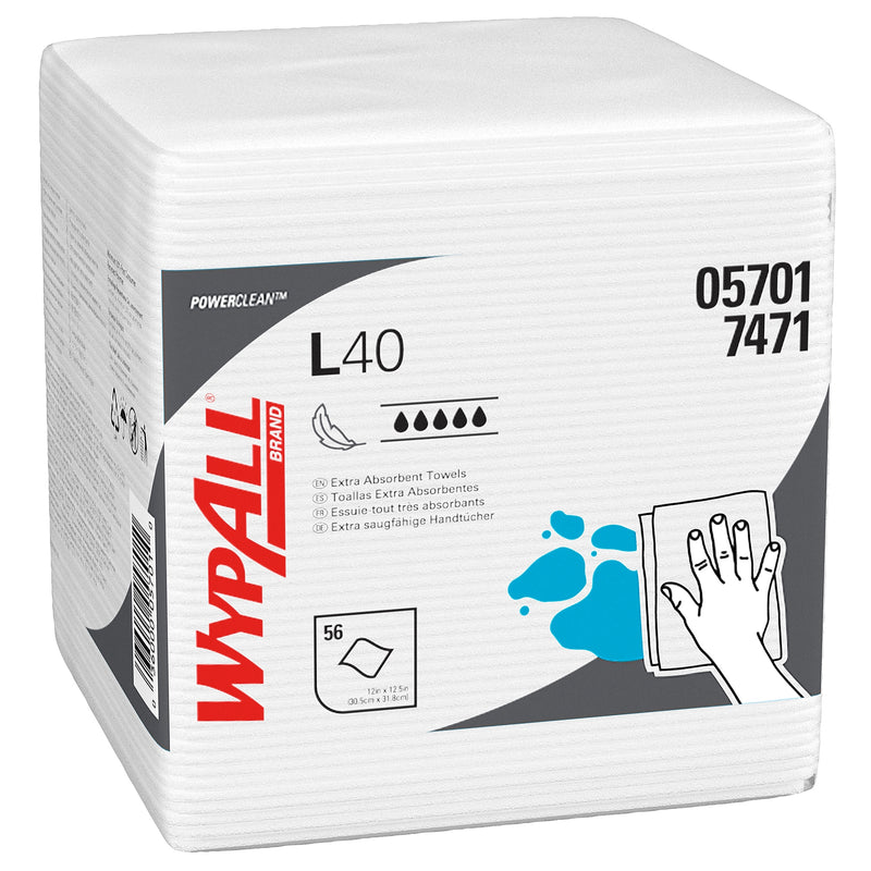 WypAll PowerClean L40 Cellulose Cleaning Wipers, 12" x 12.5", White, 56 Wipers/Box, 18/Carton