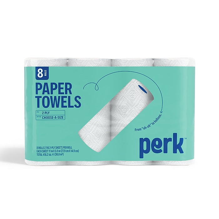 Perk Choose-A-Size Paper Towels, 2-Ply, White, 116 Sheets/Roll, 8 Rolls/Pack