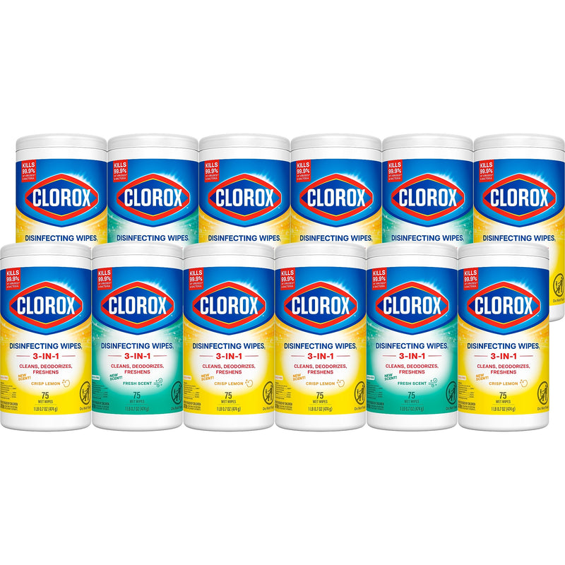 Clorox Disinfecting Wipes, Fresh and Crisp Lemon Scent, 75 Wipes/Container, 12/Carton