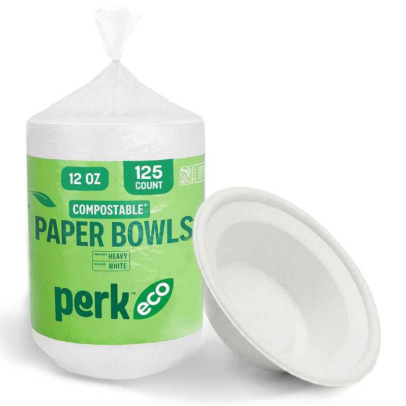 Perk Eco 12 Oz Compostable Paper Bowls, 125 Count, White