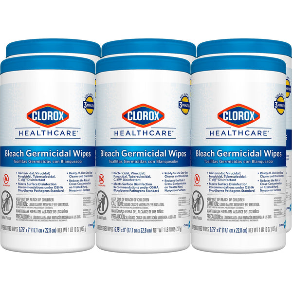 Clorox Healthcare Bleach Germicidal Wipes, 70 Wipes/Container, 6 Containers/Carton
