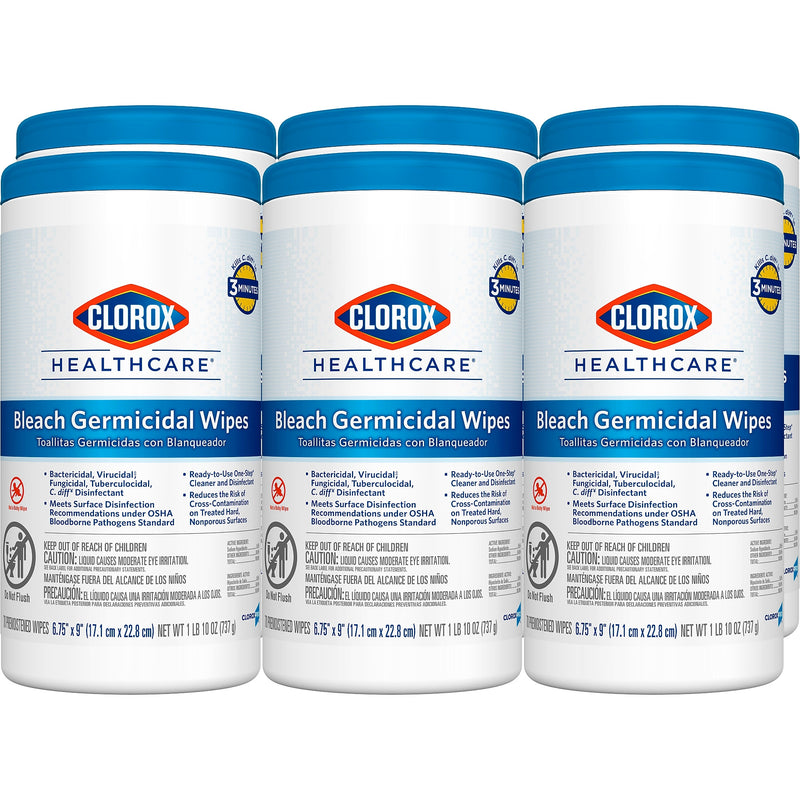 Clorox Healthcare Bleach Germicidal Wipes, 70 Wipes/Container, 6 Containers/Carton
