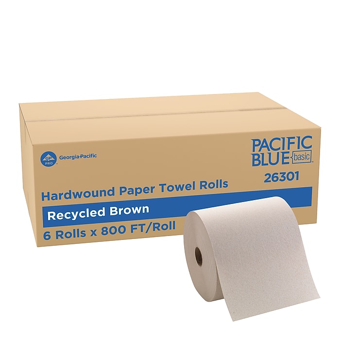 Pacific Blue Basic Recycled Hardwound Paper Towels, 1-Ply, 800 ft./Roll, 6 Rolls/Carton, Brown