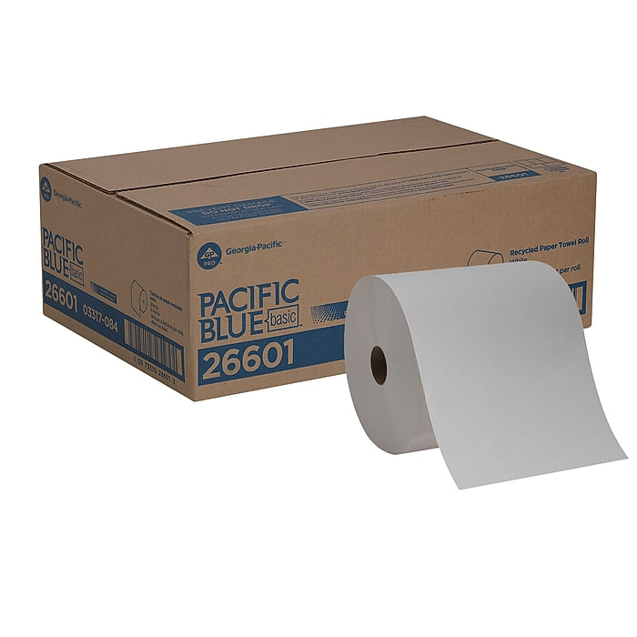 Pacific Blue Basic Recycled Hardwound Paper Towels, 1-Ply, 800 ft./Roll, 6 Rolls/Carton, White