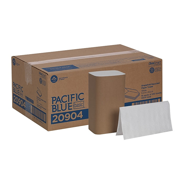 Pacific Blue Basic Recycled Single Fold Paper Towels, 1-ply, 250 Sheets/Pack, 16 Packs/Carton