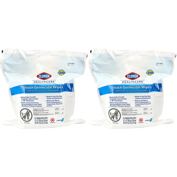 Clorox Healthcare Bleach Germicidal Wipes Refill, 110 Wipes/Container, 2/Pack