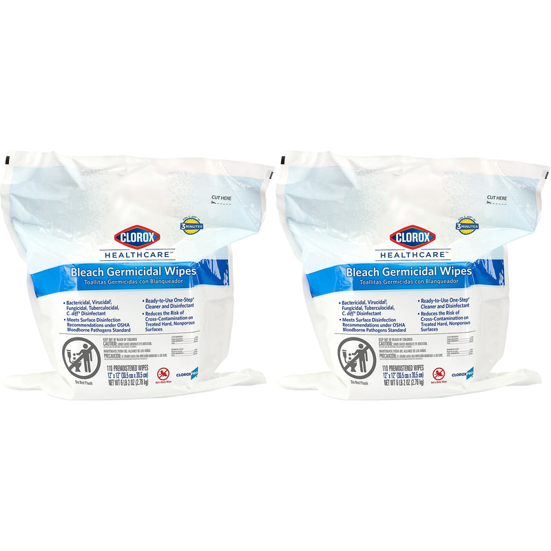 Clorox Healthcare Bleach Germicidal Wipes Refill, 110 Wipes/Container, 2/Pack