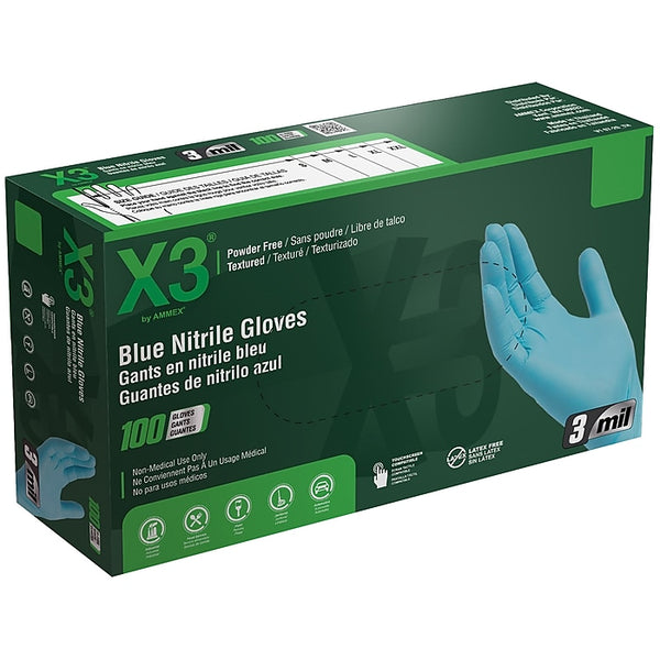 Ammex X3 Nitrile Gloves, Latex Free, Blue