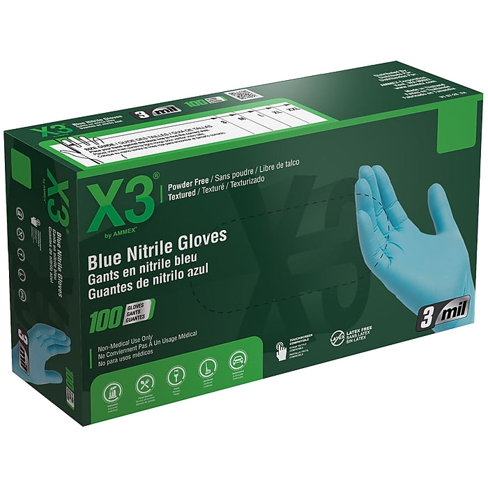 Ammex X3 Nitrile Gloves, Latex Free, Blue