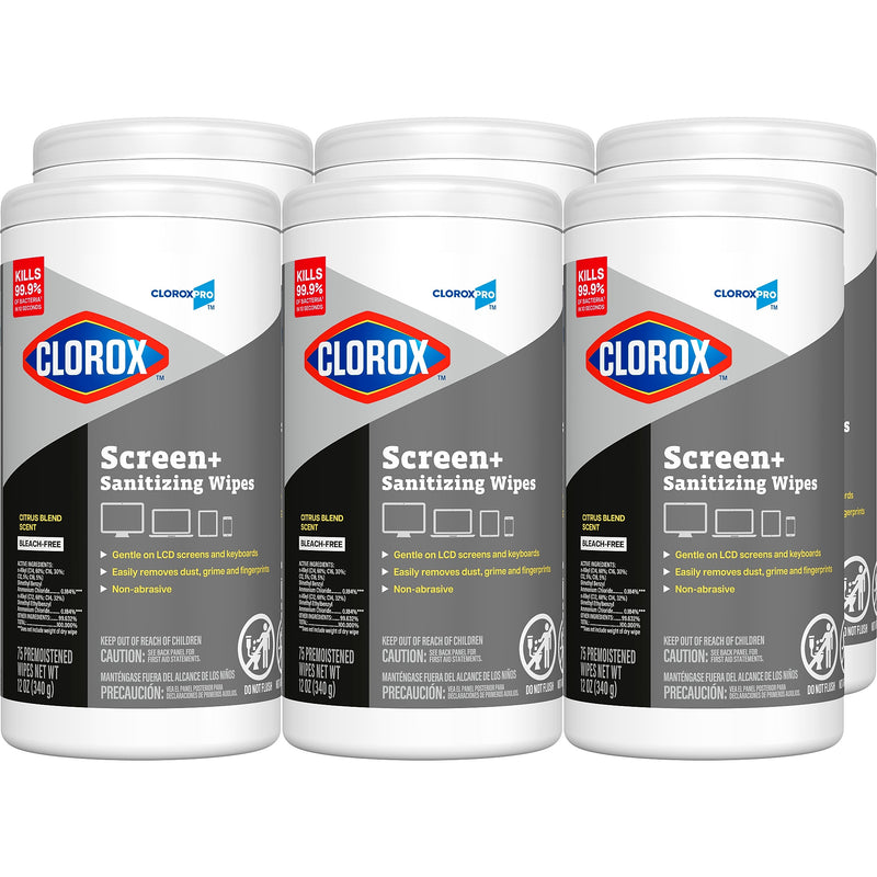 CloroxPro Clorox Screen+ Sanitizing Wipes, Bleach Free, Citrus Blend Scent, 75 Wipes/Container, 6/Carton