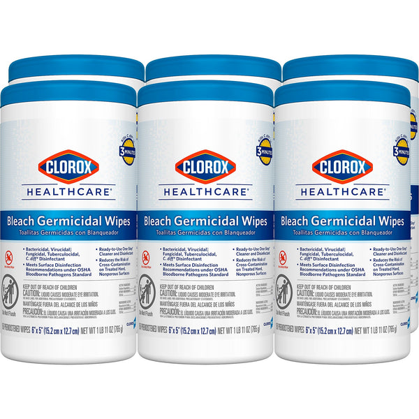Clorox Healthcare Bleach Germicidal Wipes, 150 Wipes/Container, 6/Carton