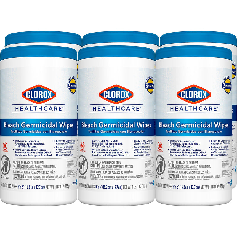 Clorox Healthcare Bleach Germicidal Wipes, 150 Wipes/Container, 6/Carton