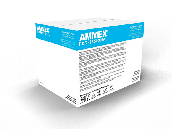 Ammex Professional VPF Powder Free Vinyl Exam Gloves, Latex-Free, Clear, 10 Boxes/Carton