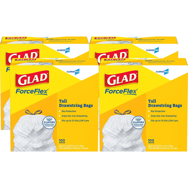 Glad ForceFlex Tall 13 Gallon Drawstring Kitchen Trash Bag, White, 400 Total Bags