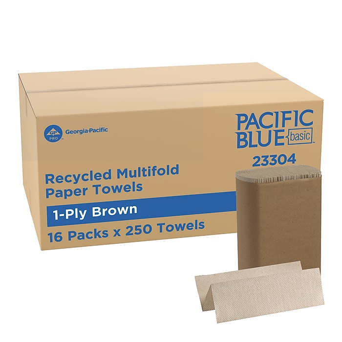 Pacific Blue Basic Recycled Multifold Paper Towel, 1-Ply, 250 Sheets/Pack, 16 Packs/Carton, Brown