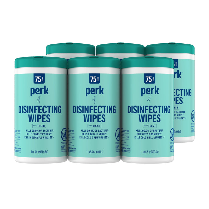 Perk Disinfecting Wipes, Fresh Scent, 75 Wipes/Pack, 6/Carton