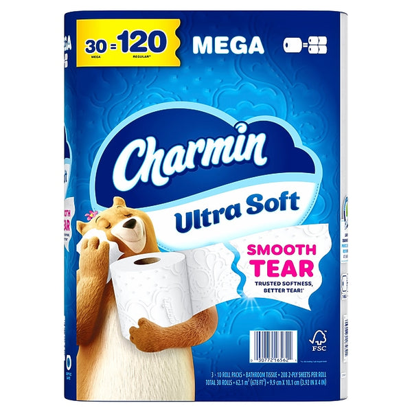 Charmin Ultra Soft Toilet Paper, 2-Ply, White, 208 Sheets/Roll, 30 Mega Rolls/Case
