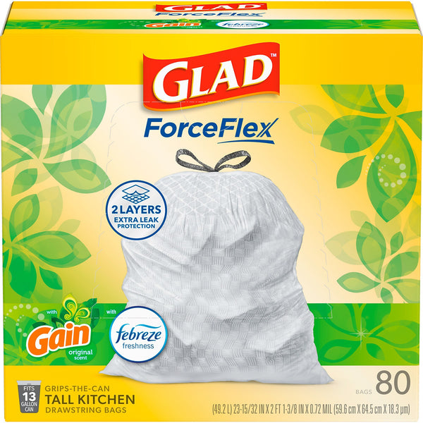 Glad ForceFlex Tall 13 Gallon Drawstring Kitchen Trash Bag, Gain Original with Febreze Freshness, White, 80 Total Bags
