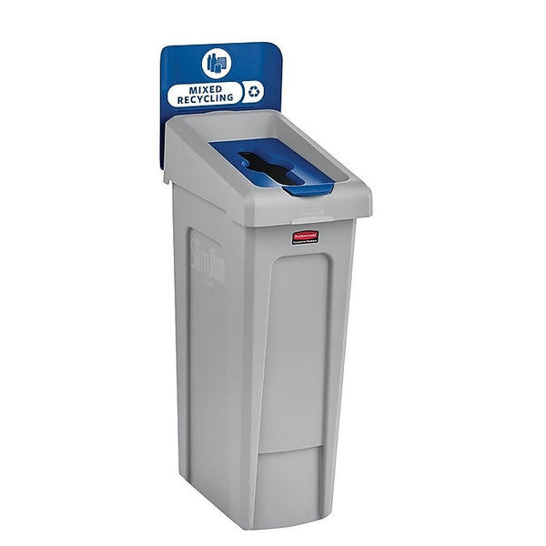 Rubbermaid Slim Jim Single-Stream Recycling Station, 23 Gallon, Mixed Recycling, Gray/Blue