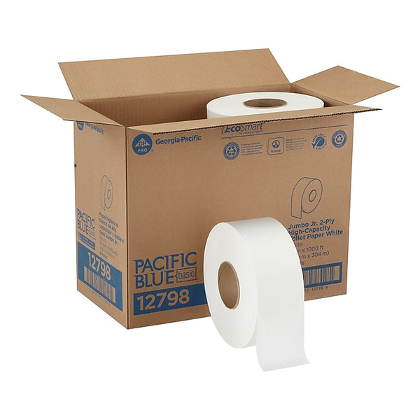 Georgia Pacific Blue Basic Recycled Jumbo Jr. Toilet Paper, 2-Ply, White, 1000 ft./Roll, 8 Rolls/Carton