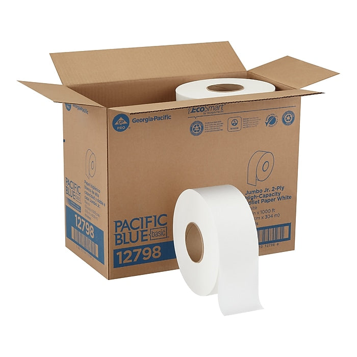Georgia Pacific Blue Basic Recycled Jumbo Jr. Toilet Paper, 2-Ply, White, 1000 ft./Roll, 8 Rolls/Carton