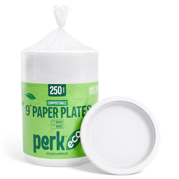 Perk Eco 9 Inch Compostable Paper Plates, 250 Count, White